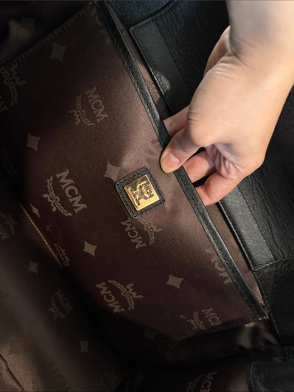 MCM Black Structured Satchel Bag with Gold Hardware